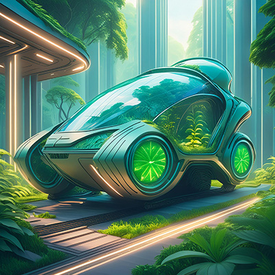 a biofueled cyberpunk style vehicle surrounded by nature, generated by Firefly